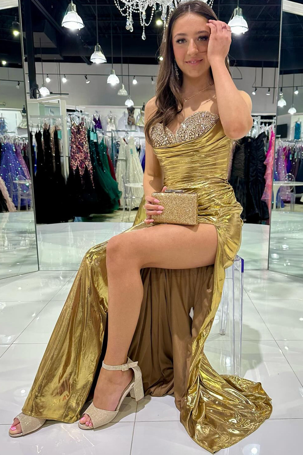 Golden Mermaid Sweetheart Long Metallic Prom Dress with Beading