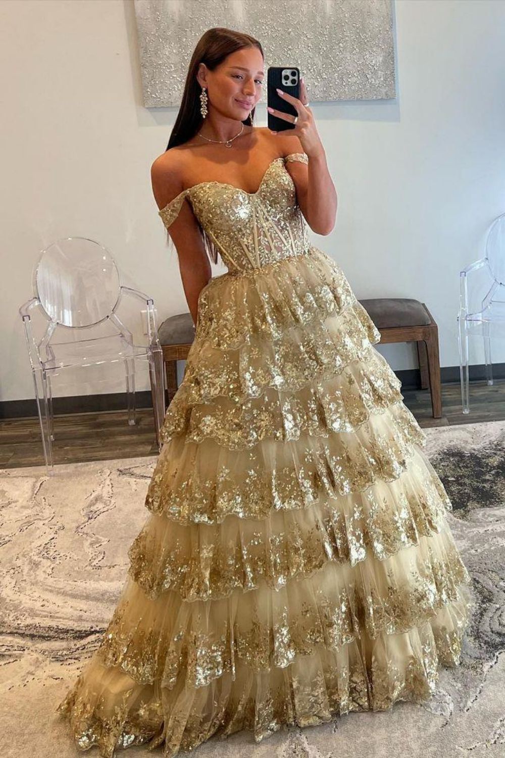 Gorgeous Gold A-Line Off The Shoulder Lace Up Long Prom Dress with Sequin
