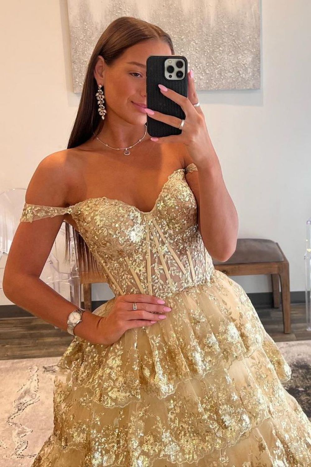 Gorgeous Gold A-Line Off The Shoulder Lace Up Long Prom Dress with Sequin