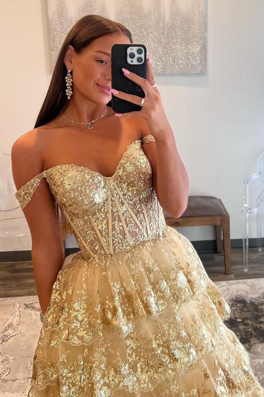 Gorgeous Gold A-Line Off The Shoulder Lace Up Long Prom Dress with Sequin