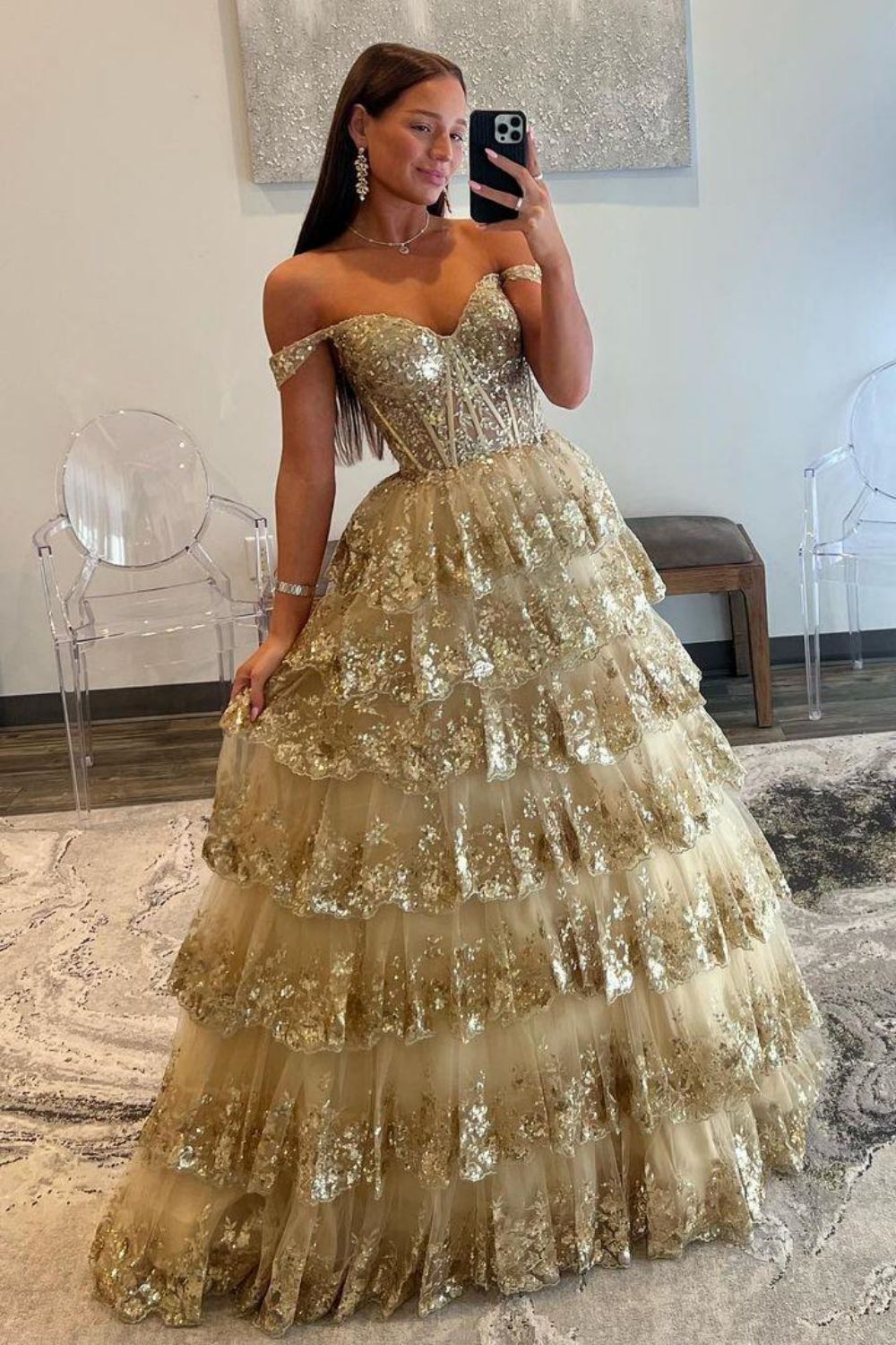 Gorgeous Gold A-Line Off The Shoulder Lace Up Long Prom Dress with Sequin