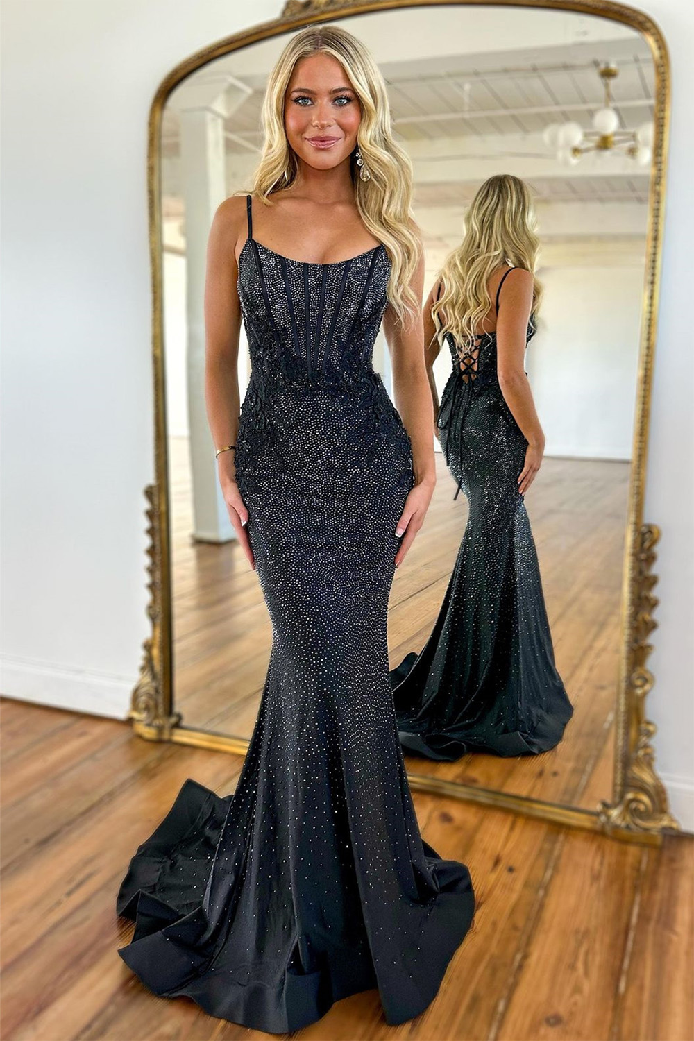 Gorgeous Glitter Mermaid Spaghetti Straps Lace Up Long Beaded Prom Dress