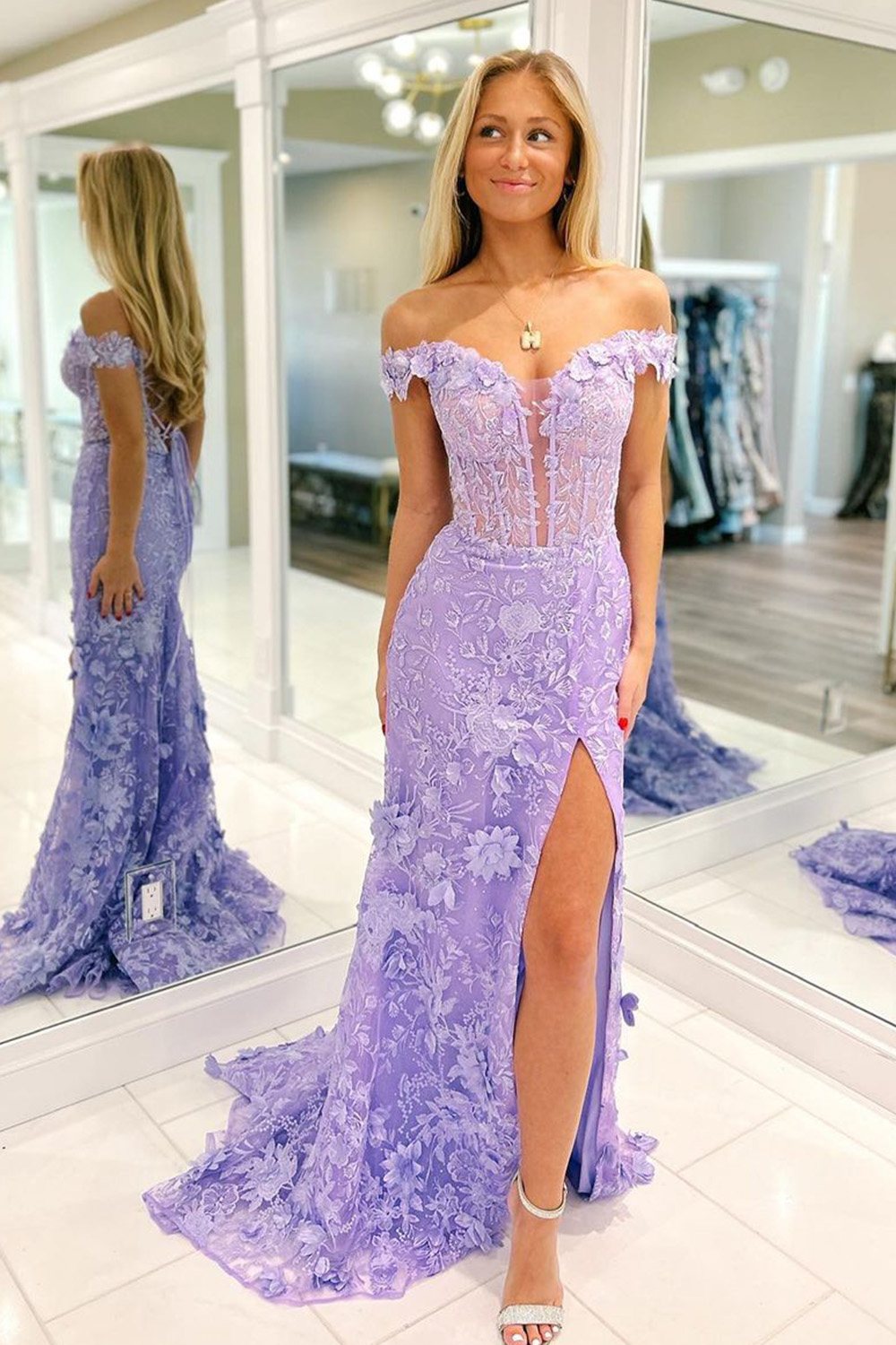 Gorgeous Lilac Mermaid off The Shoulder Lace Up Long Prom Dress With Appliqes