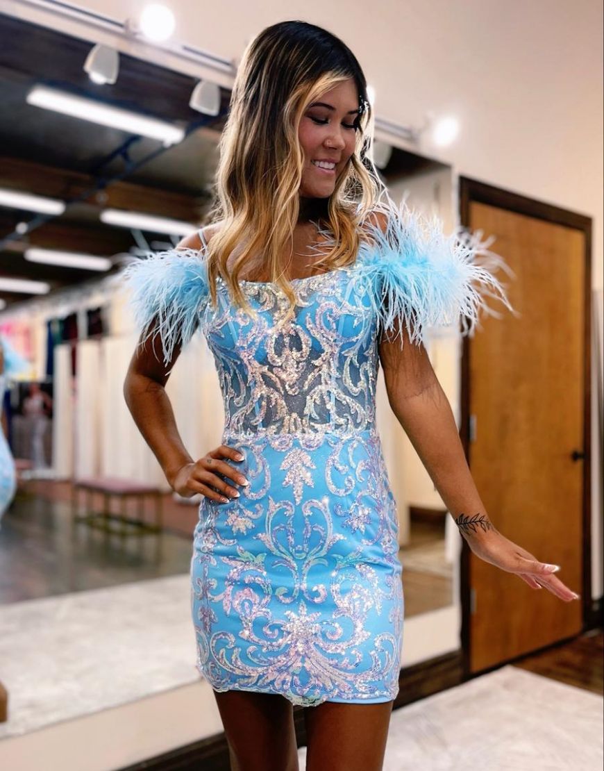 Gorgeous BlueTight Short Glitter Homecoming Dress with Feather