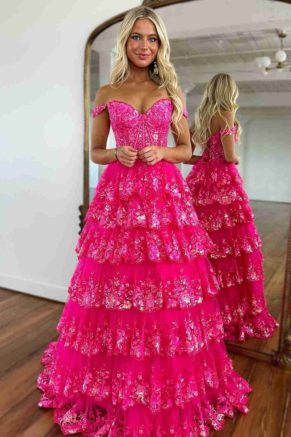 Sparkly Gorgeous A-Line Off The Shoulder Long Prom Dress with Sequin Appliques