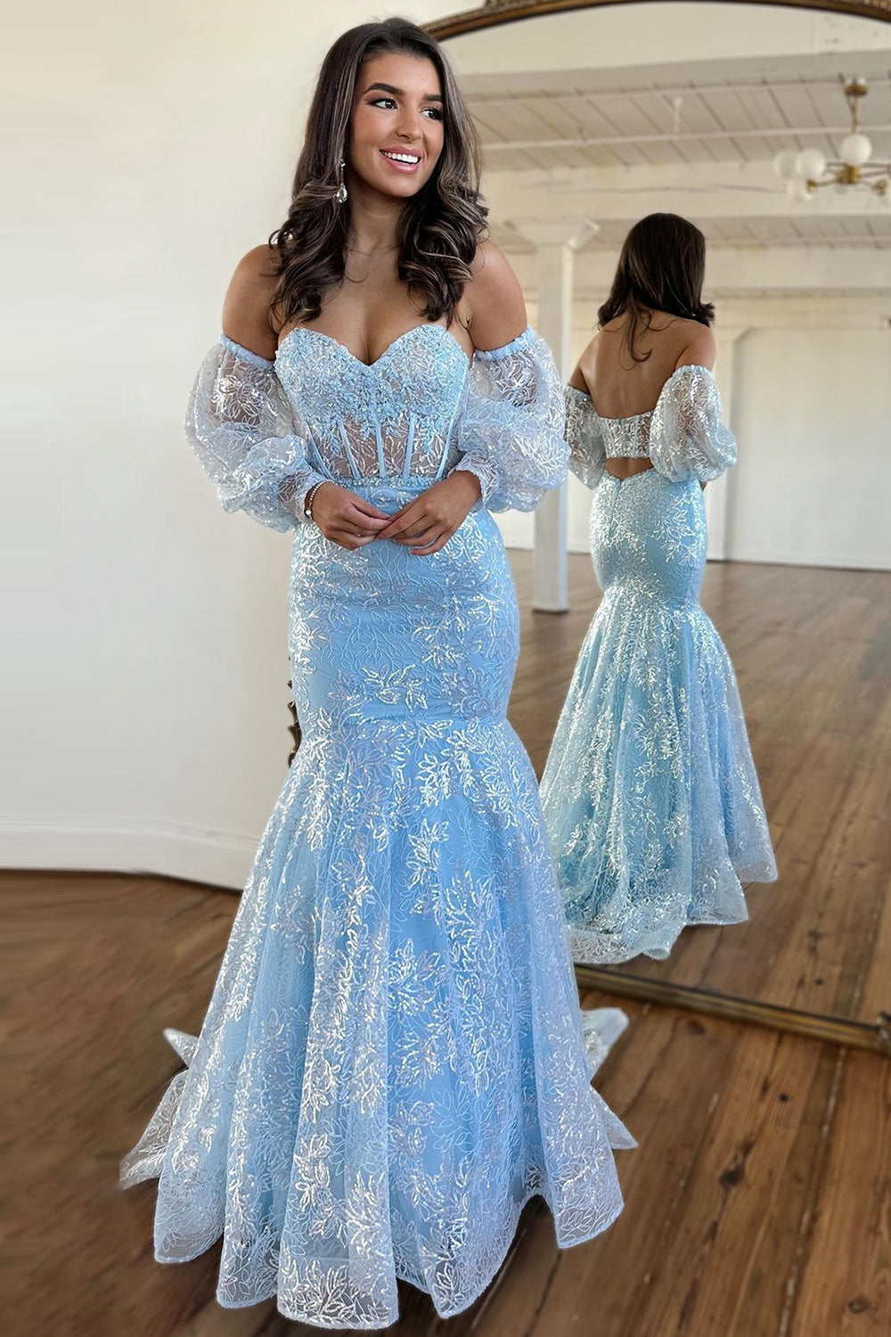 Gorgeous Light Blue Mermaid Backless Long Prom Dress With Detachable Sleeves