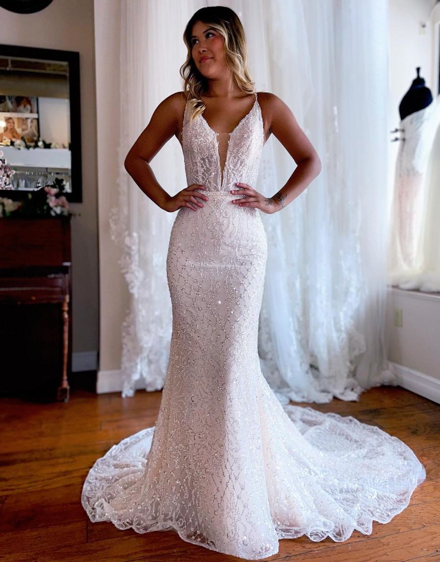 Gorgeous Mermaid Deep V-Neck Glitter Wedding Dress