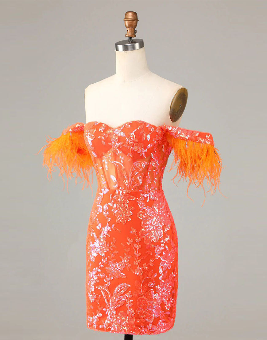 Gorgeous Off the Shoulder Short Sparkly Homecoming Dress with Feather