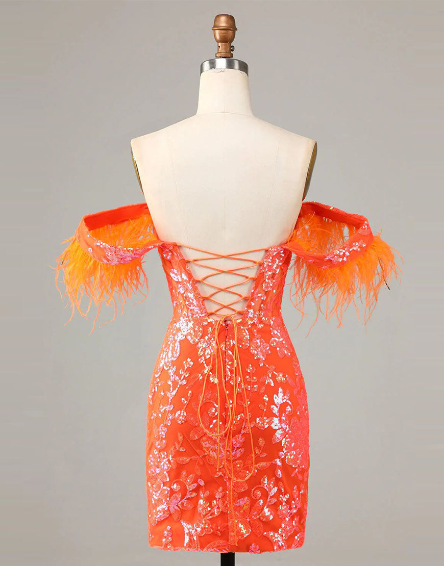 Gorgeous Off the Shoulder Short Sparkly Homecoming Dress with Feather