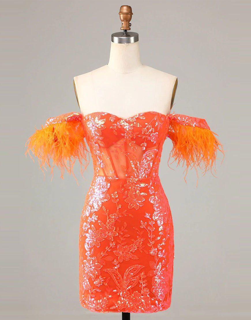 Gorgeous Off the Shoulder Short Sparkly Homecoming Dress with Feather
