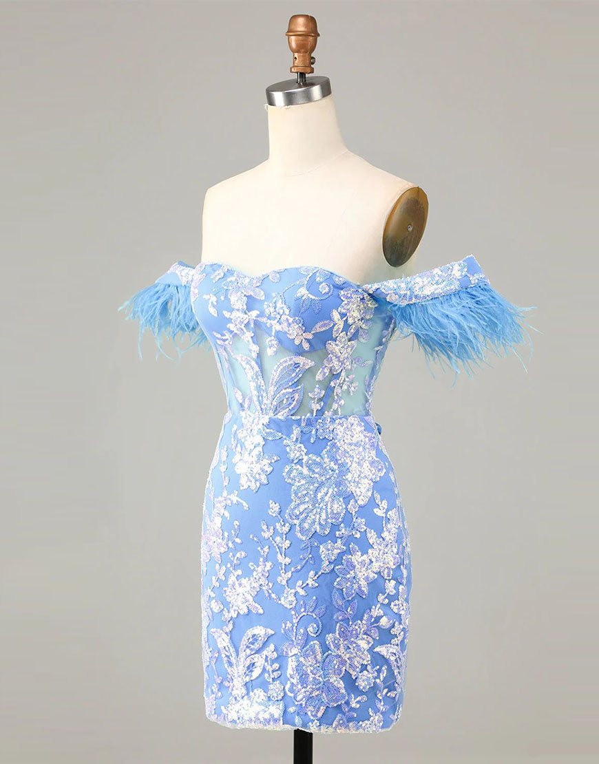 Gorgeous Off the Shoulder Short Sparkly Homecoming Dress with Feather