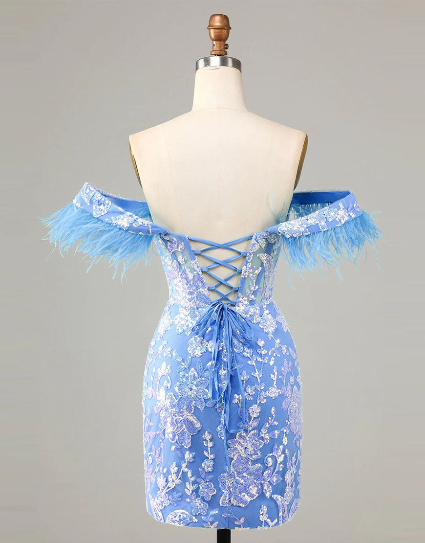 Gorgeous Off the Shoulder Short Sparkly Homecoming Dress with Feather