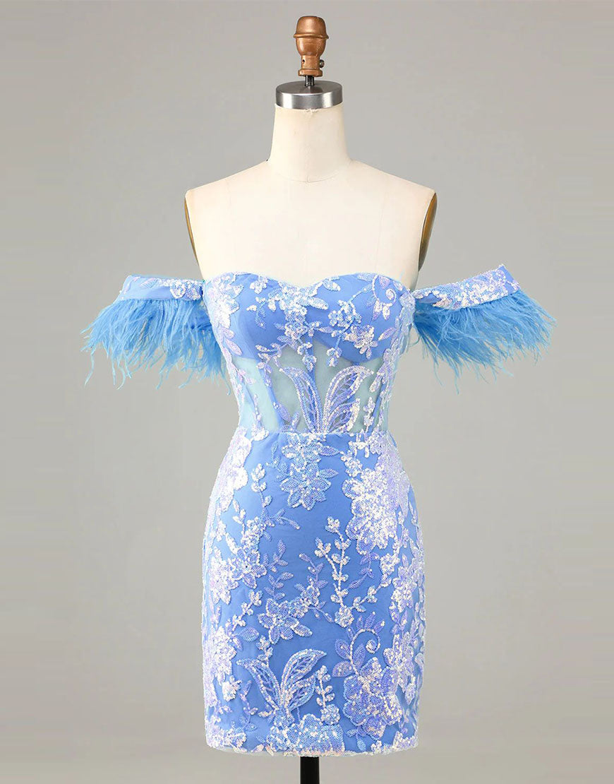 Gorgeous Off the Shoulder Short Sparkly Homecoming Dress with Feather
