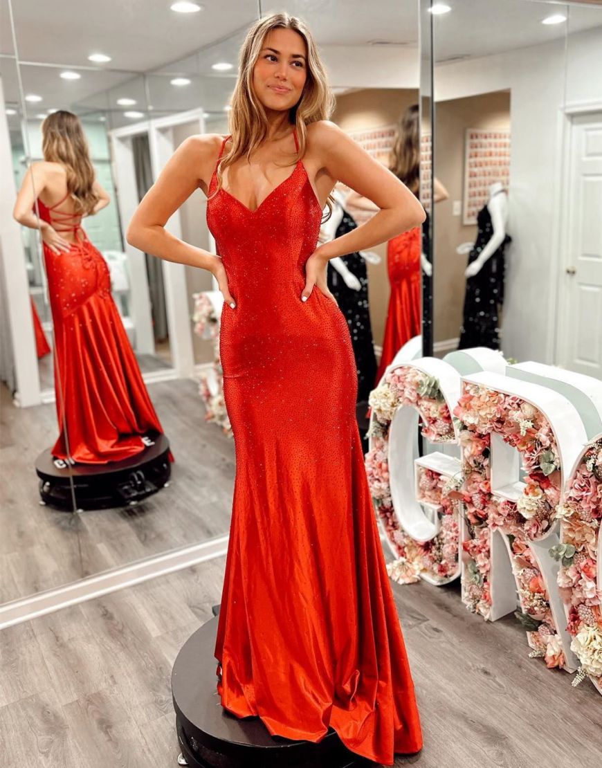 Gorgeous Red Spaghetti Straps Corset Back Long Prom Dress