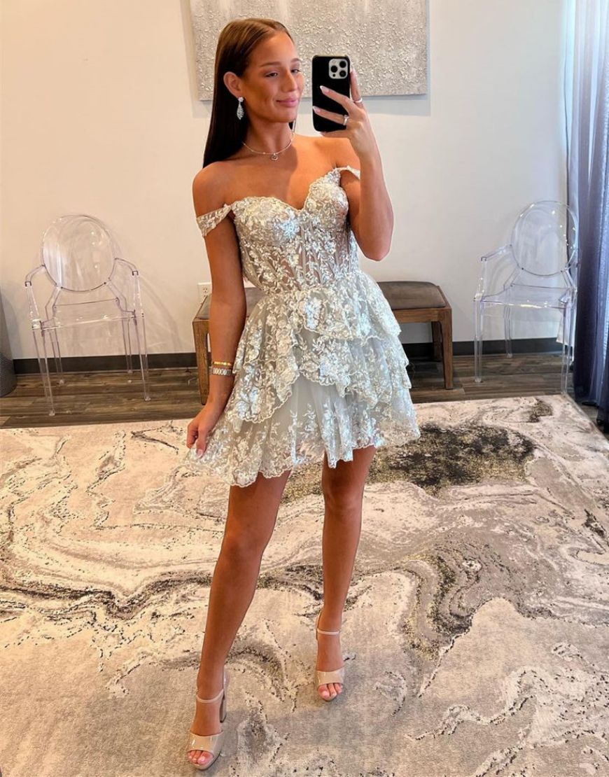 A-Line Glitter Off The Shoulder Tiered Short Homecoming Party Dress