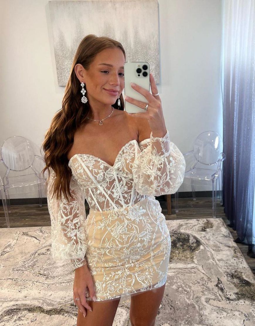 Gorgeous Strapless Tight Lace Homecoming Dress With Detachable Sleeves