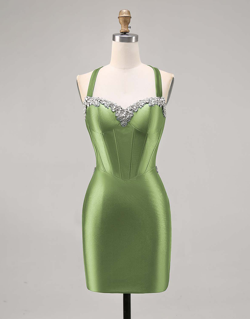 Sparkly Dark Green Tight Satin Short Corset Homecoming Dress with Beading