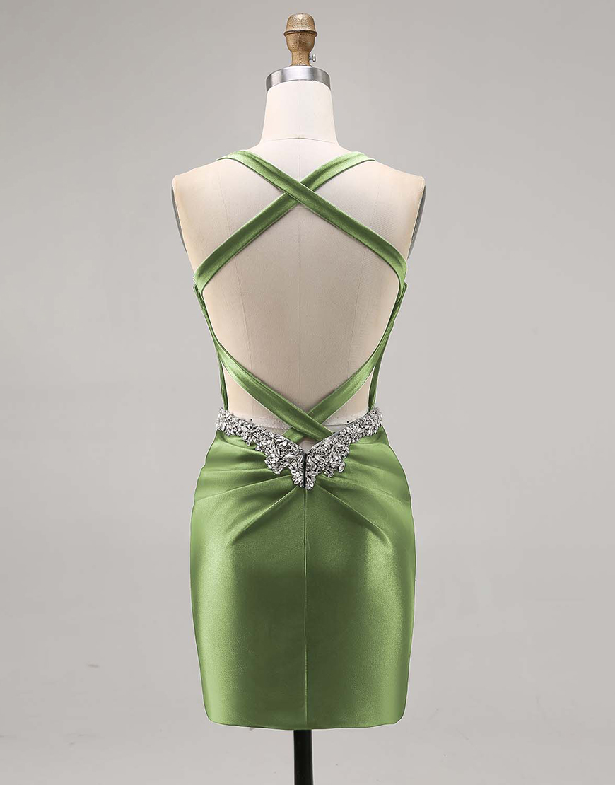 Sparkly Dark Green Tight Satin Short Corset Homecoming Dress with Beading