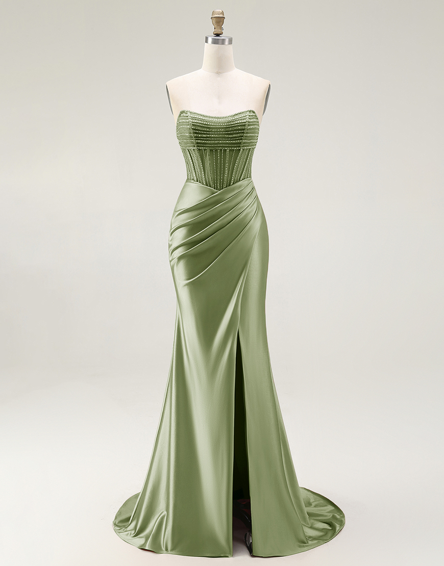 Sparkly Mermaid Blush Strapless Ruched Long Prom Dress with Slit