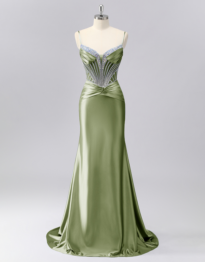 Sparkly Grey Blue Spaghetti Straps Mermaid Long Prom Dress with Beading