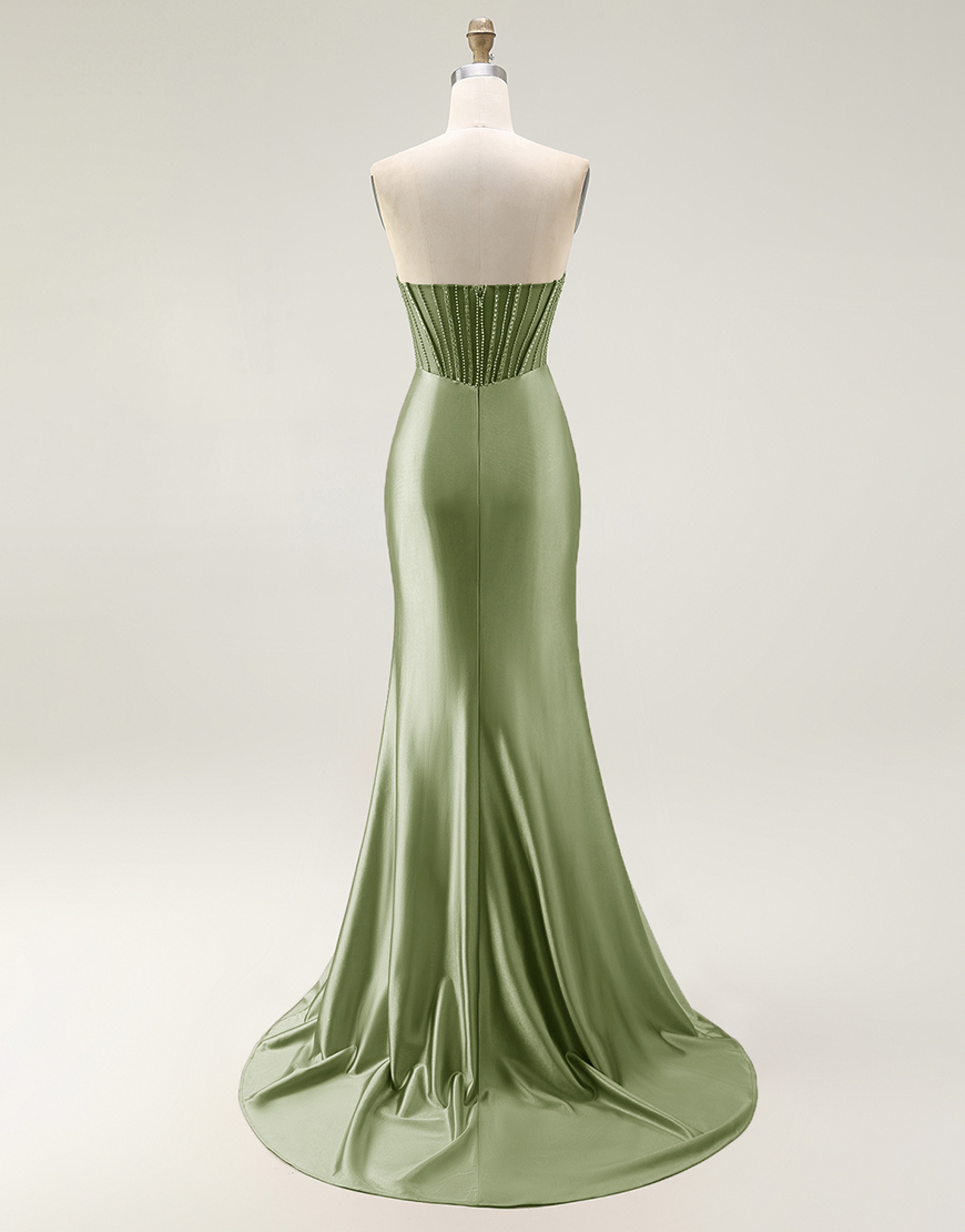 Sparkly Mermaid Blush Strapless Ruched Long Prom Dress with Slit