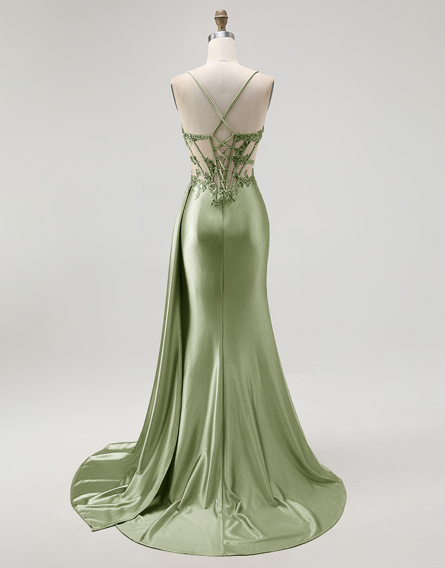 Sparkly Champagne Mermaid Spaghetti Straps Satin Long Prom Dress with Beading