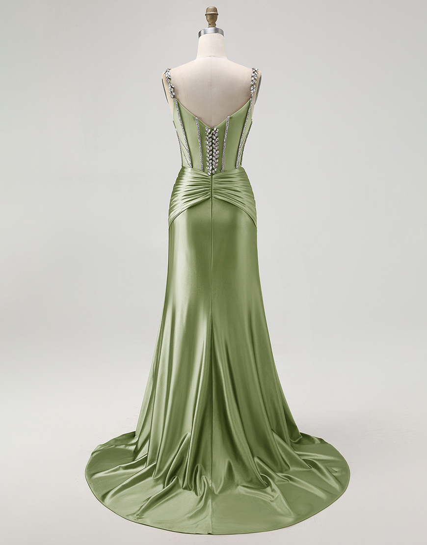 Sparkly Blush Mermaid Spaghetti Straps Long Corset Satin Prom Dress with Beading