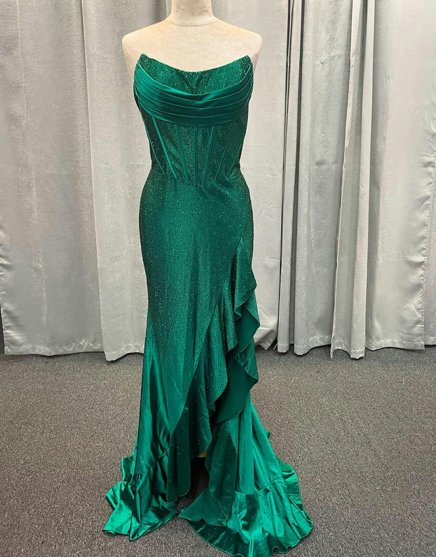 Sparkly Orange Mermaid Strapless Corset Beaded Ruffle Long Prom Dress with Slit