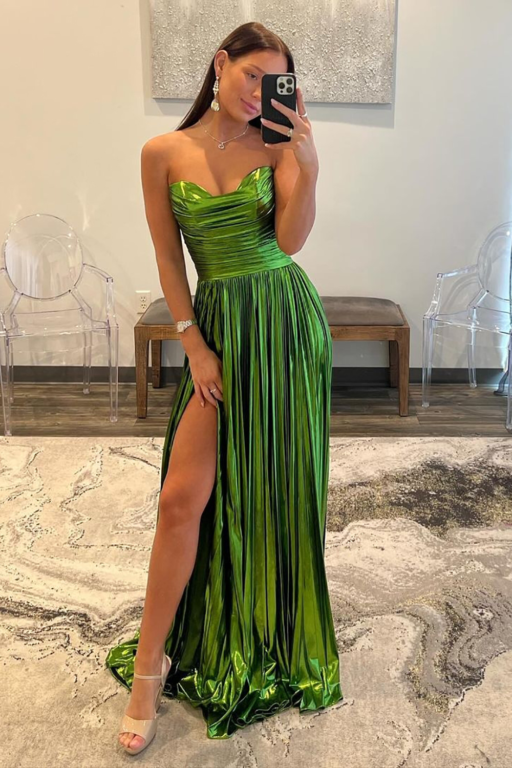 Green A-Line Strapless Long Metallic Prom Dress With Slit