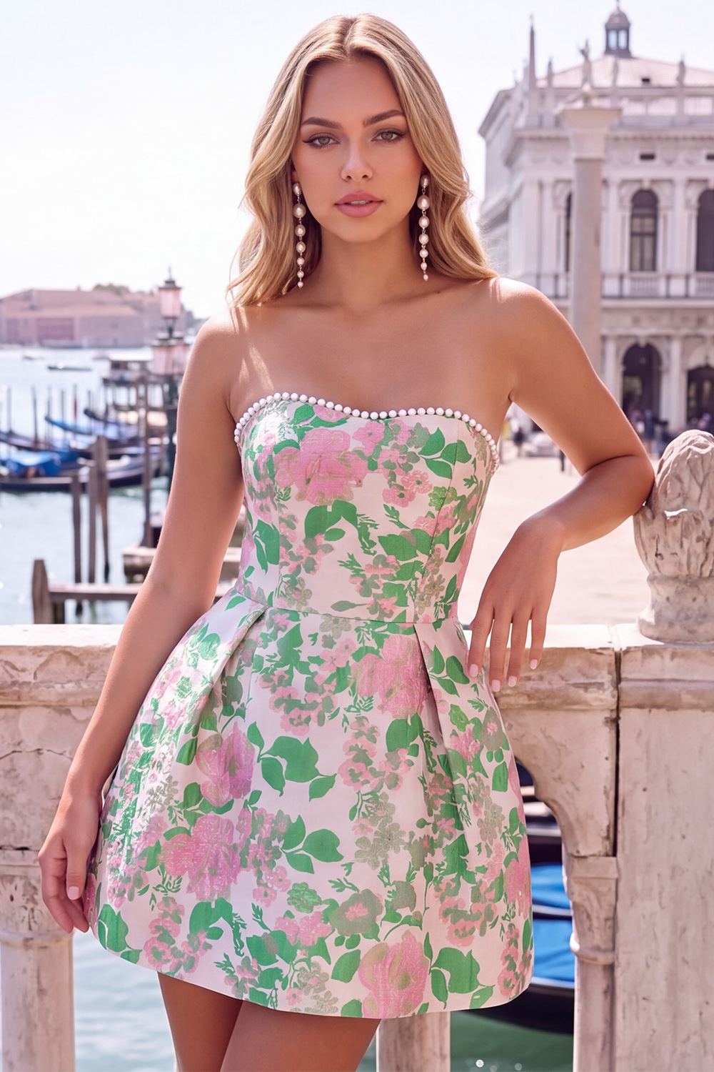 Blue Flower Jacquard A-Line Short Homecoming Dress with Bow
