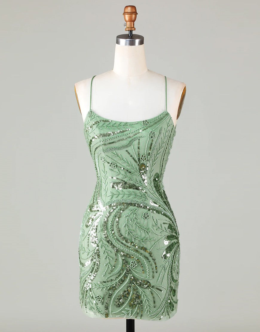 Cute Green Spaghetti straps  Lace Up Sequined Homecoming Party Dress