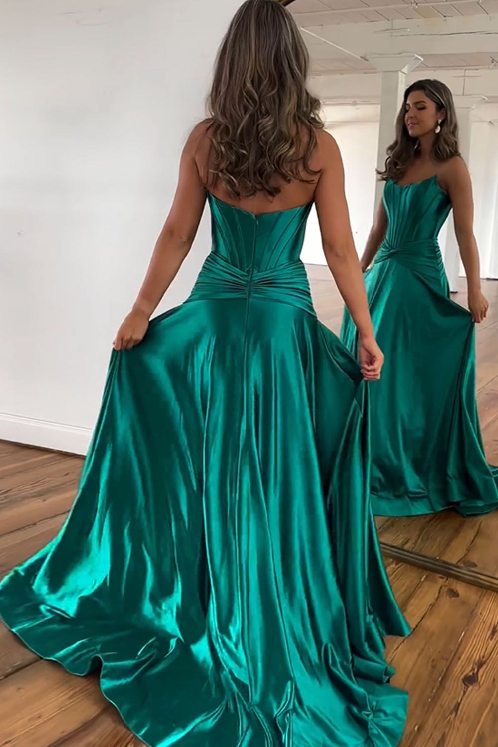 Green A-Line Strapless Zipper Back Long Satin Prom Dress With Split