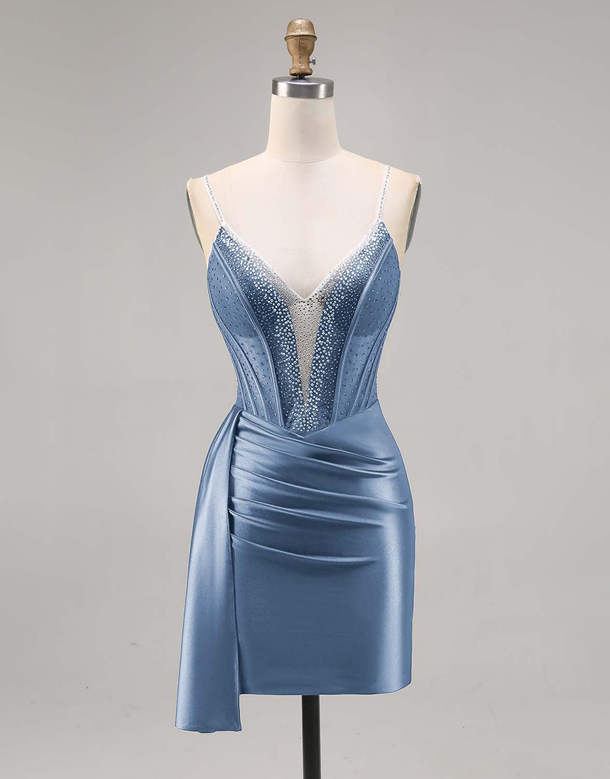 Sparkly Navy Satin Ruffled Short Corset Homecoming Dress with Beading