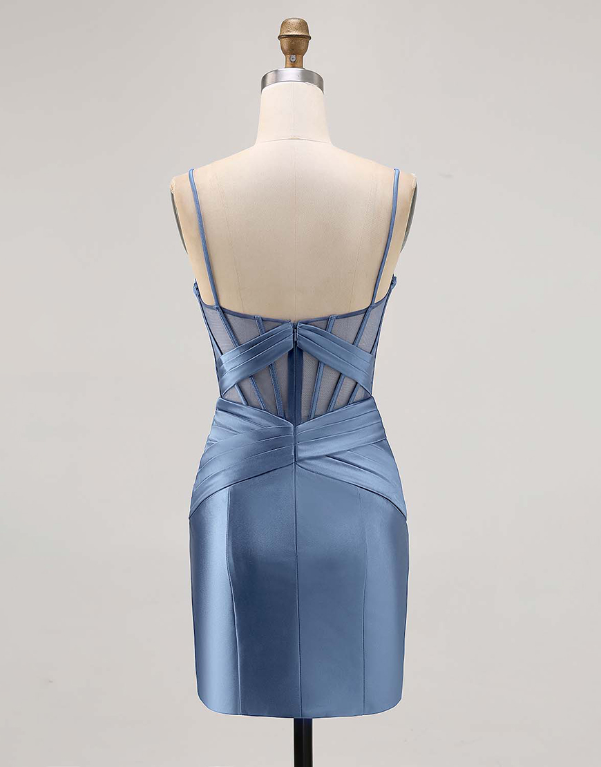 Royal Blue Tight Ruched Satin Short Corset Homecoming Dress with Slit
