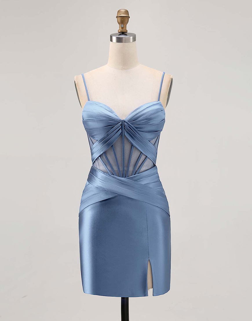 Royal Blue Tight Ruched Satin Short Corset Homecoming Dress with Slit