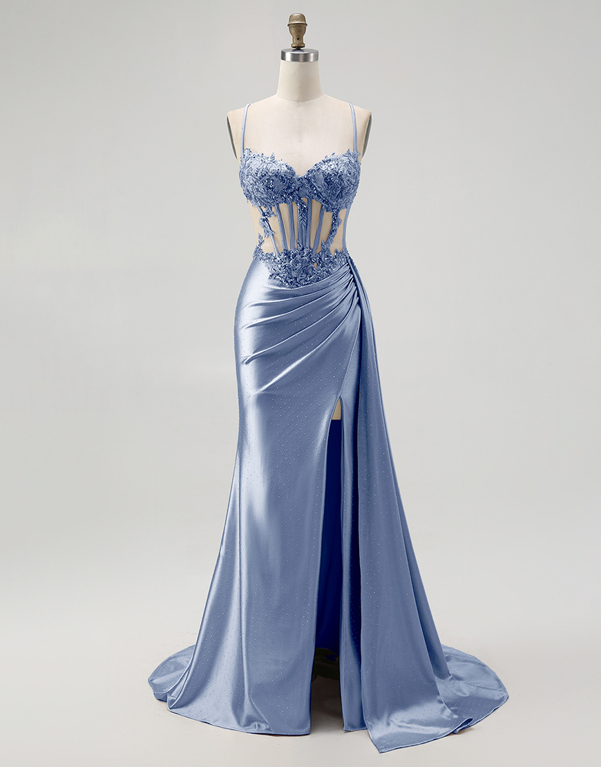 Sparkly Champagne Mermaid Spaghetti Straps Satin Long Prom Dress with Beading