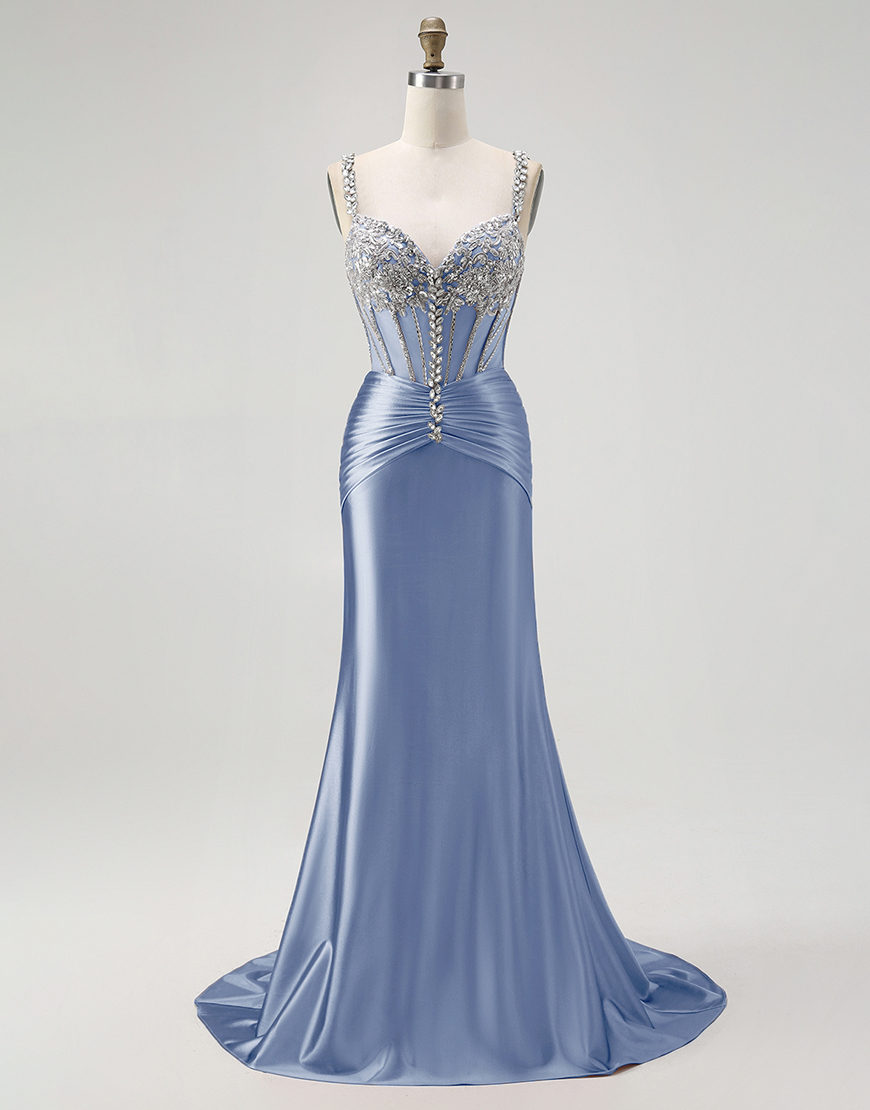 Sparkly Blush Mermaid Spaghetti Straps Long Corset Satin Prom Dress with Beading