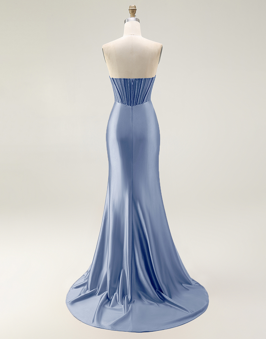 Sparkly Mermaid Blush Strapless Ruched Long Prom Dress with Slit