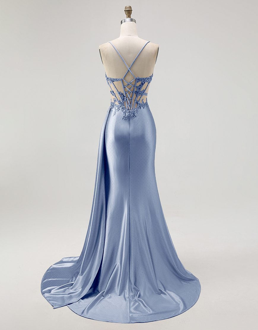 Sparkly Champagne Mermaid Spaghetti Straps Satin Long Prom Dress with Beading