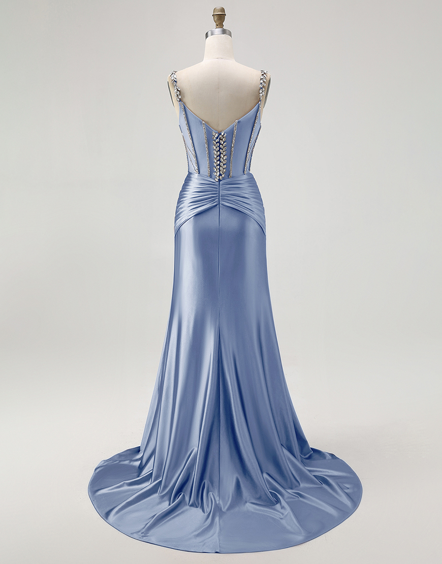 Sparkly Blush Mermaid Spaghetti Straps Long Corset Satin Prom Dress with Beading