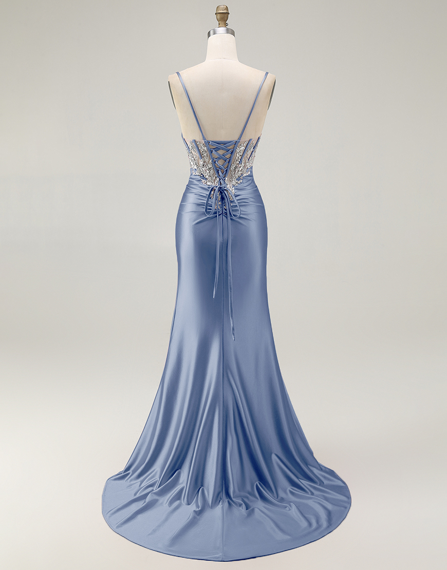 Sparkly Grey Pink Mermaid Satin Corset Long Prom Dress with Slit