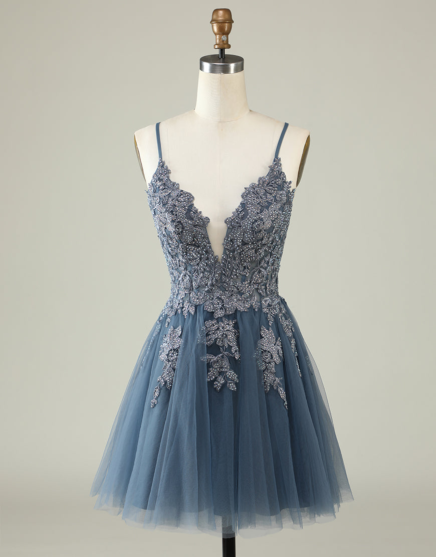 Grey Blue Corset Back Tulle Homecoming Dress With Appliques