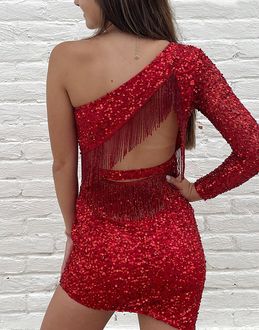 Bodycon One Shoulder Tassel Back Party Dress