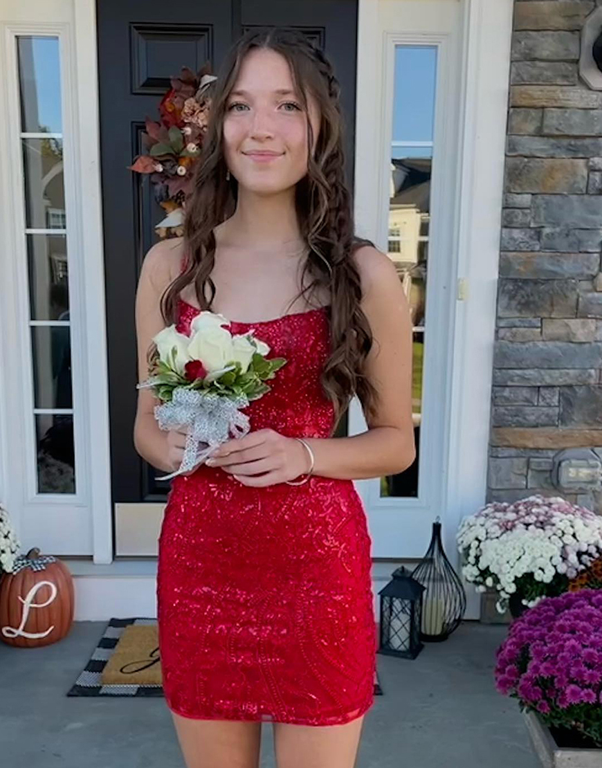 Gorgeous Spaghetti Straps Lace Up Tight Glitter Homecoming Dress