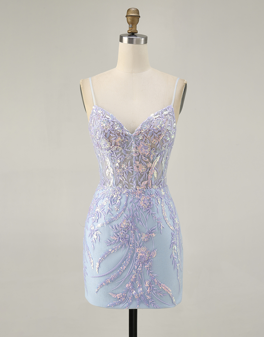 Berlinnova Women Sparkly Blue Short Corset Homecoming Dress with Sequins Spaghetti Straps Bodycon Cocktail Dress