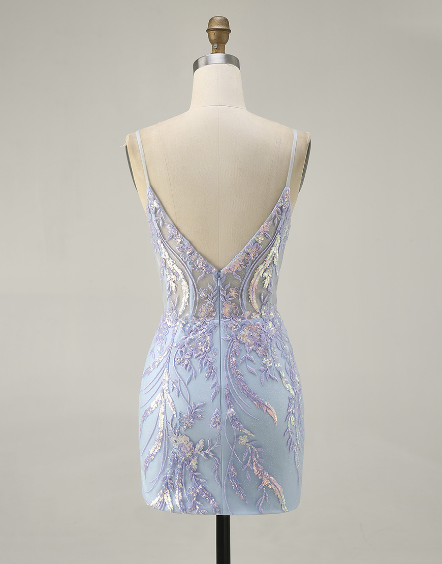 Sparkly Blue Spaghetti Straps Sequin Short Bodycon Corset Homecoming Dress