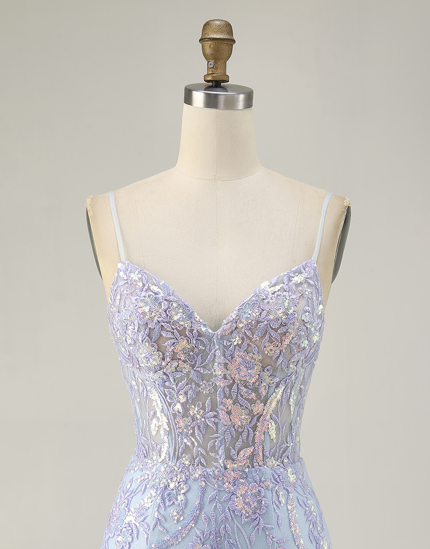 Sparkly Blue Spaghetti Straps Sequin Short Bodycon Corset Homecoming Dress