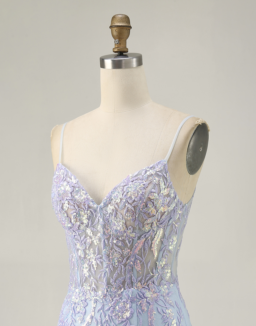 Sparkly Blue Spaghetti Straps Sequin Short Bodycon Corset Homecoming Dress