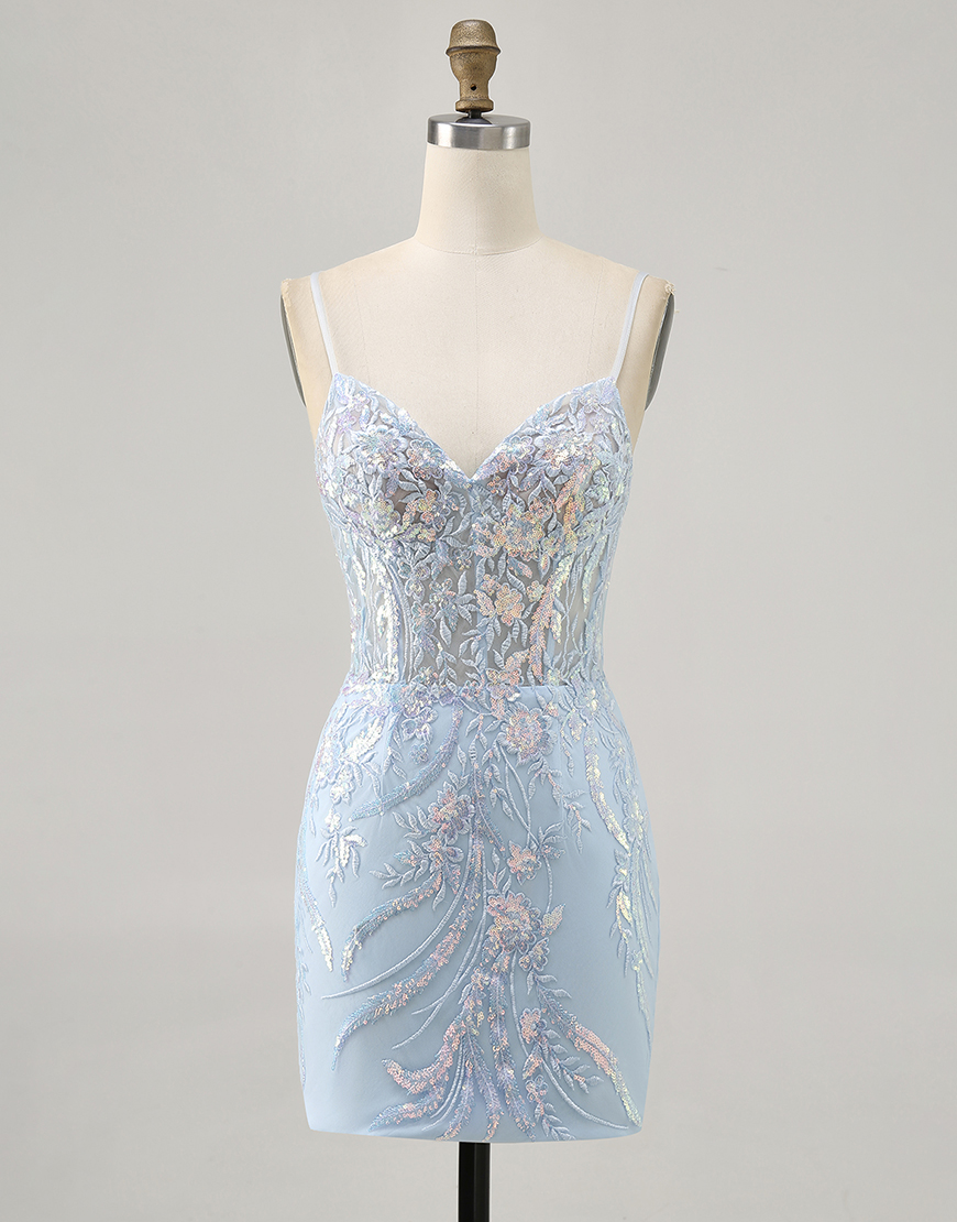 Berlinnova Women Sparkly Light Blue Tight Short Corset Homecoming Dress with Lace Spaghetti Straps Cocktail Dress