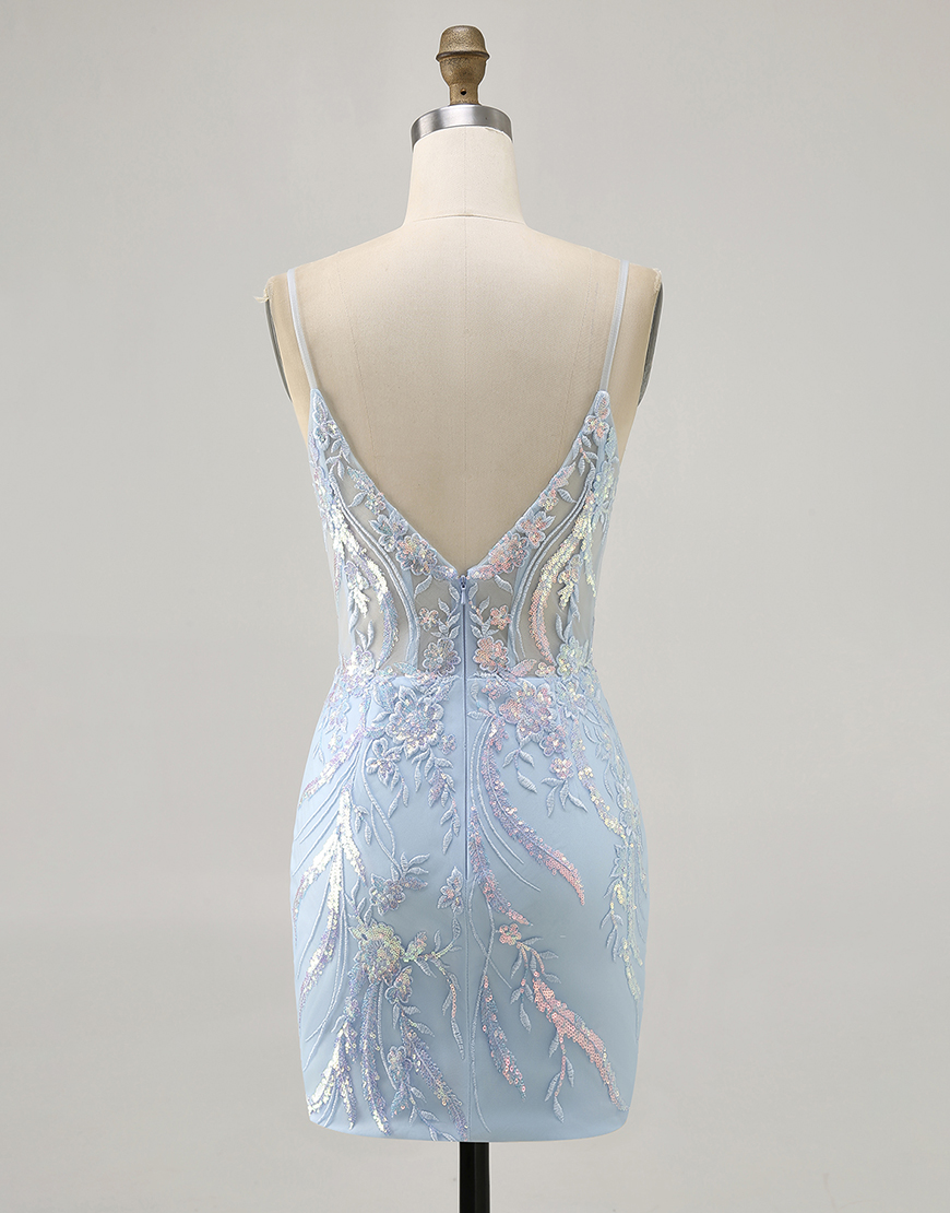 Sparkly Light Blue Spaghetti Straps Short Corset Lace Homecoming Dress